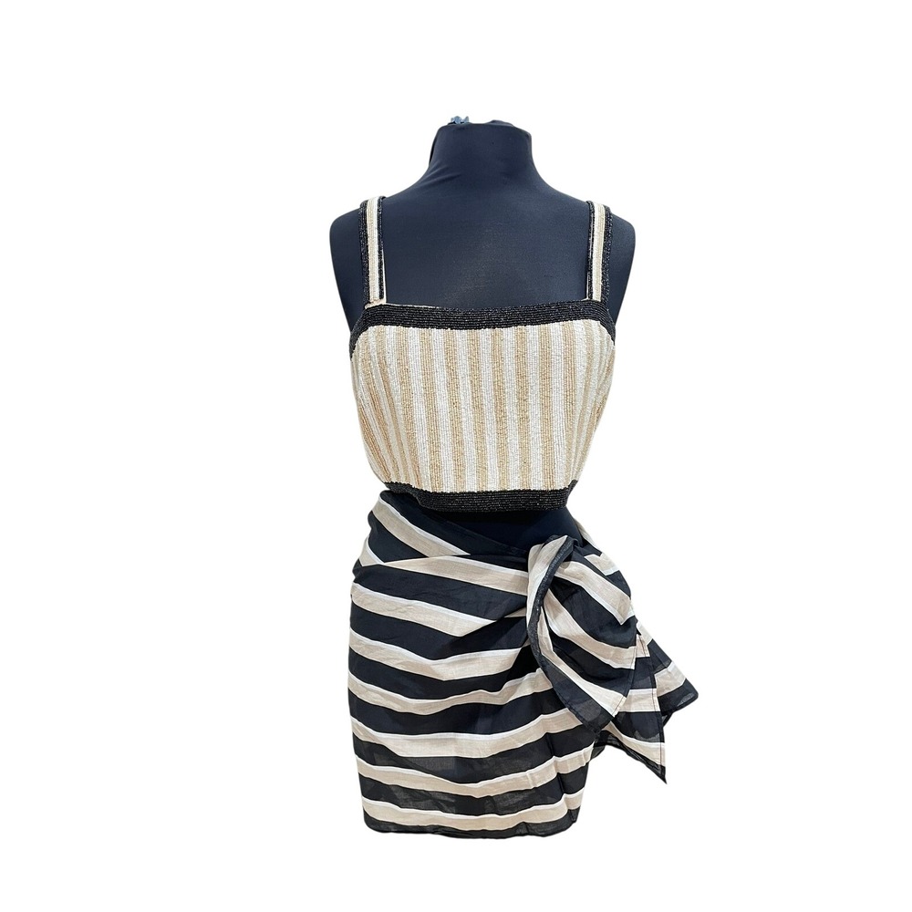 Celandine Beaded Crop Top and Striped Wrap Skirt Set Tan Black White M/L OS